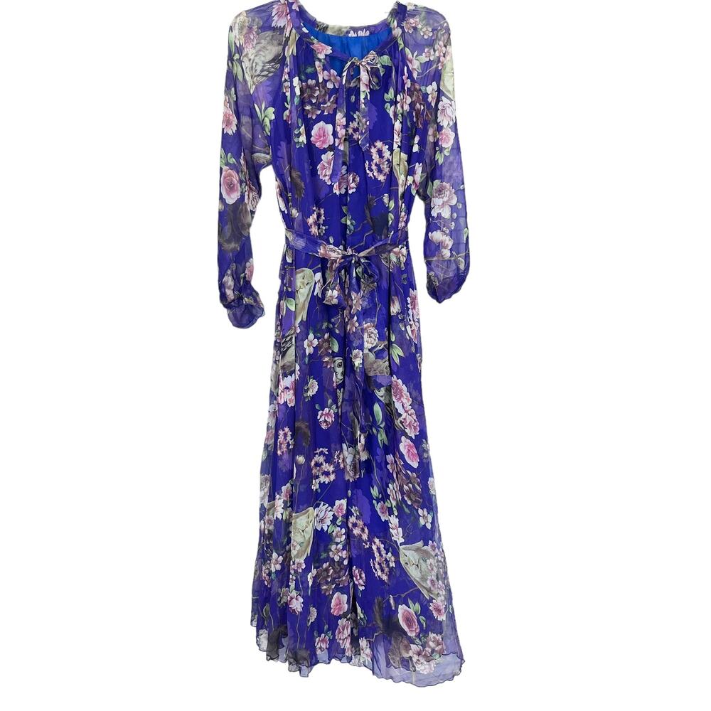 Floral Purple Chiffon Boho Maxi Dress Woodland Print Ruffle Long Sleeve XL NWT - Picture 2 of 9